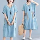Pocket Detail Short-sleeve Midi Denim Dress