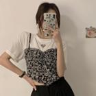Mock Two-piece Floral Panel Cropped T-shirt