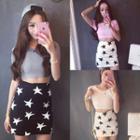 Set: Cropped Short Sleeve T-shirt + Star Print Mini Skirt