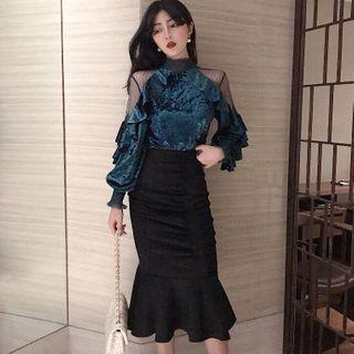 Mesh Panel Long-sleeve Velvet Top / Ruffle Hem Midi Pencil Skirt