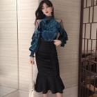 Mesh Panel Long-sleeve Velvet Top / Ruffle Hem Midi Pencil Skirt