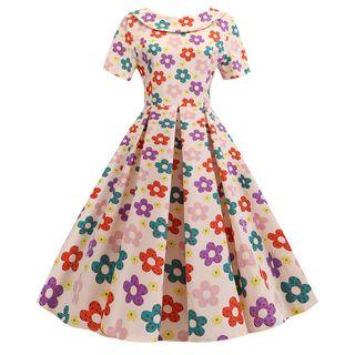 Ribbon-neck Short-sleeve Floral Printed Dress