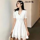 V-neck Short-sleeve A-line Dress White - One Size