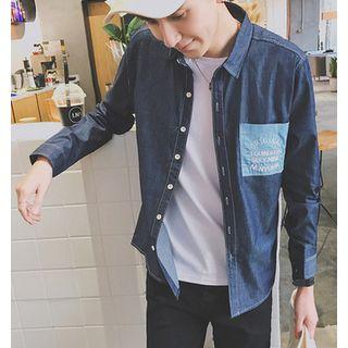 Letter Embroidered Color Panel Denim Shirt
