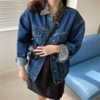 Leopard Print Collar Long-sleeve Denim Jacket Blue - One Size