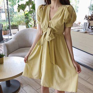 Balloon Short-sleeve A-line Dress Yellow - One Size