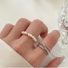 Set: Layered Ring + Faux Pearl Ring Set Of 2 - Silver & White - One Size