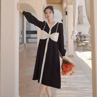 Set: Long-sleeve Contrast Trim Dress + Ribbon Camisole Top
