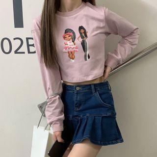 Printed Sweatshirt / Denim Mini A-line Skirt
