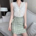 Short-sleeve Lace Blouse / Plaid Mini Fitted Skirt