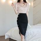 Set: Short-sleeve Satin Blouse + Asymmetric Buttoned Midi Skirt
