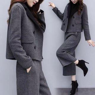 Set: Double-breasted Cropped Blazer + Wide Leg Pants