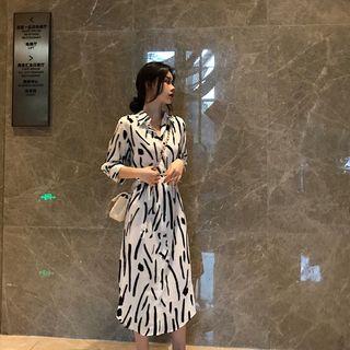 3/4-sleeve Patterned Midi Shirt Dress White - One Size