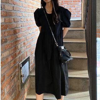 Balloon-sleeve Midi A-line Dress Black - One Size