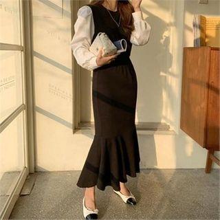 Color-block Gathered-waist Midi Dress