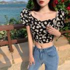 Floral Print Open-back Puff-sleeve Cropped Blouse Black - One Size
