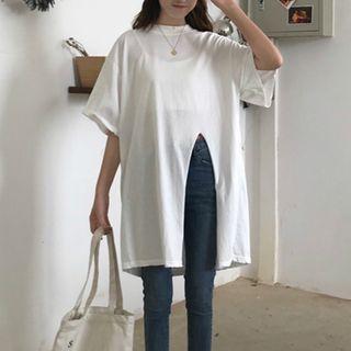 Elbow-sleeve Slit-front Oversized Top