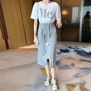 Set: Short-sleeve Lettering T-shirt + High-waist Lace-up Plain Asymmetric Skirt