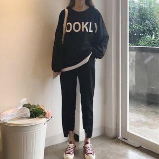 Set: Lettering Paneled Pullover + Cropped Drawstring Pants Black - One Size