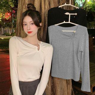 Long-sleeve Faux Pearl Embellished Fitted Top