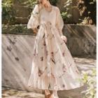 3/4-sleeve Floral Mesh A-line Maxi Dress