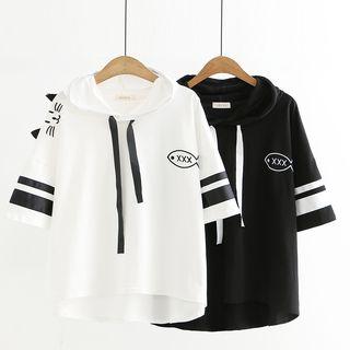 Cat Ear Embroidered Short-sleeve Hoodie