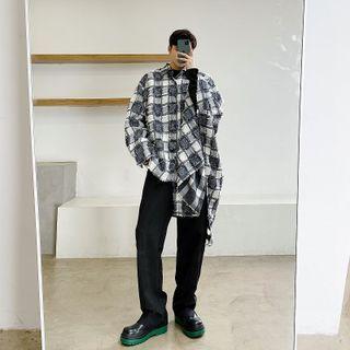 Asymmetrical Furry Check Oversized Shirt As Shown In Figure - One Size