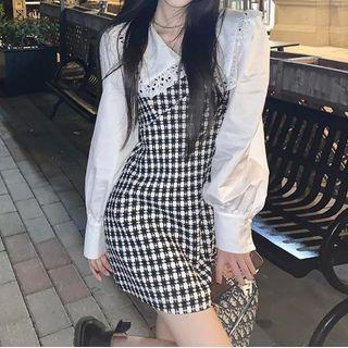 Long-sleeve Collar Plaid Mini Sheath Dress