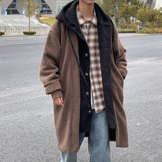 Mock Two-piece Hooded Fleece Single-breasted Coat