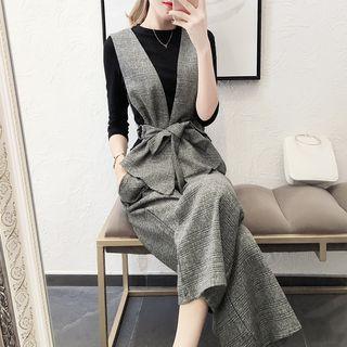 Set: 3/4-sleeve Top + Pleated Vest + Wide Leg Pants