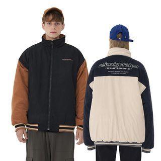 Couple Matching Colorblock Lettering Zip-up Bomber Jacket