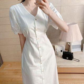 Plain Short-sleeve V-neck Button-up Midi A-line Dress