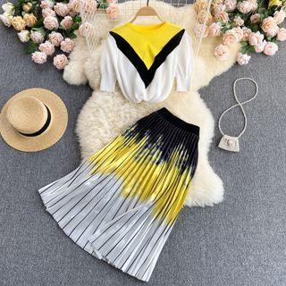 Set Of 2 : Color Panel Knit Short-sleeve Top + Color Block Striped Skirt