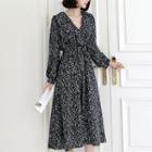 V-neck Floral Print Long Dress With Sash Black - One Size