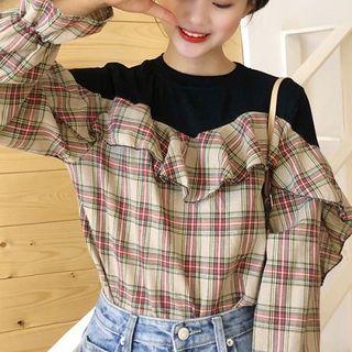 Plaid Panel Long-sleeve Ruffle Top