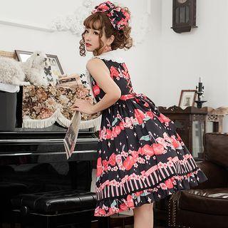 Sleeveless Color Block Frill Trim Printed Dress