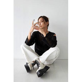 Slit-shoulder Sheer Knit Top