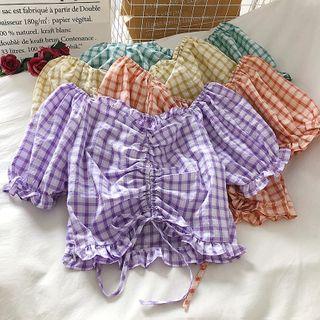Plaid Off-shoulder Drawstring Short-sleeve Blouse