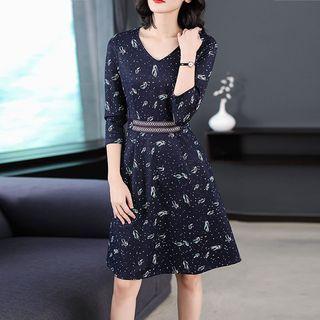 3/4-sleeve Printed V-neck A-line Dress
