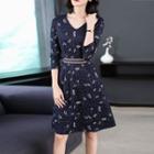 3/4-sleeve Printed V-neck A-line Dress