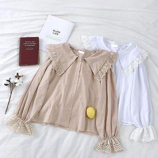 Single-breasted Eyelet Lace Peter-pan Collar Flare-sleeve Blouse