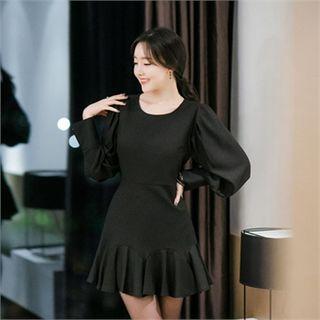 Puff-sleeve Ruffle-hem Dress