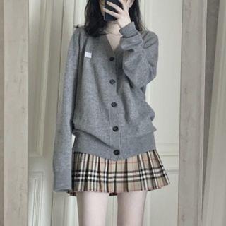 Set: Plain Cardigan + Plaid Pleated Skirt