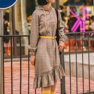 Asymmetric-hem Gingham Hooded Dress