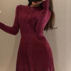 Plain Long-sleeve Pleated Knit Dress