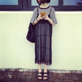 Set : Mesh Strap Dress + Short-sleeve T-shirt Dress