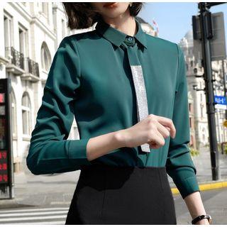 Rhinestone Tie-neck Blouse / High-waist A-line Skirt / Cropped Dress Pants / Set