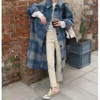 Single-breasted Plaid Coat Blue - One Size
