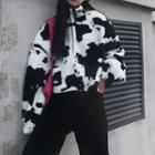 Milk-cow Pattern Fleece Cropped Pullover As Shown In Figure - One Size