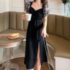 Square Neck Puff Sleeve Side-slit Dress Black - One Size